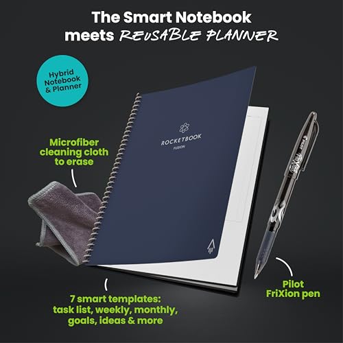 Image of Rocketbook Fusion Smart Reusable Notebook - Calendar,To-Do Lists,And Note Template Pages With 1 Pilot Frixion Pen & 1 Microfiber Cloth Included - Midnight Blue Cover,Letter Size (8.5 inch X 11 inch),42 Pages