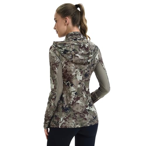 BASSDASH Women's UPF 50+ Camo Hunting Hoodie with Neck Gaiter Breathable Performance Long Sleeve Fishing Hooded Tee FS03W3