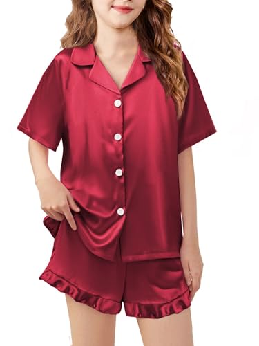 Image of Arshiner Girls Pajamas Silk Satin Pajama Set Button Pjs Ruffle Sleepwear | 2 Piece Nightwear, Silky Soft Lounge for Little & Big Kids, Ideal for Sleeping and Sleepover Party