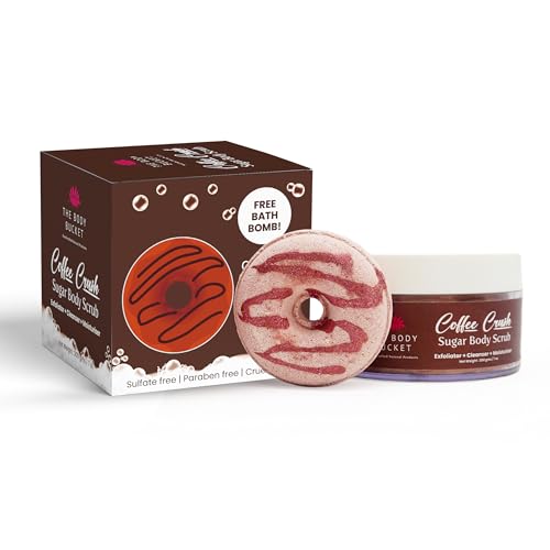 Image of The Body Bucket Coffee Crush Sugar Body Scrub- 200g | Included Free Bath Bomb | 3-in-1 Exfoliator, Cleanser, Moisturizer | De-Tan & Brightens Dark Areas | Smooths Strawberry Legs & Arms | Sulfate & Paraben Free