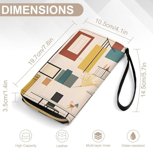 Mid Century Modern Leather Wallet Smooth Zip Around Clutch Wristlet Travel Long Soft Purse for Women2