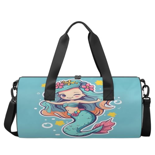 Cute Mermaid Round Barrel Sports Fitness Bag, Blue Travel Luggage Bag, Reusable Handbag, Suitable For Men and Women2