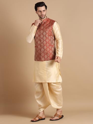 Image of Men's Silk Blend Solid Kurta Dhoti Set with Designer Ethnic Nehru Jacket