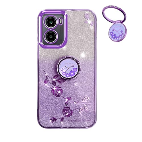 Cover Glitter per Motorola Moto G05 Moto E15 Trasparente Bling Brillantini Donna Custodia Ultra Sottile Molle Antiurto TPU Silicone Fiori Anello Supporto Case. Viola