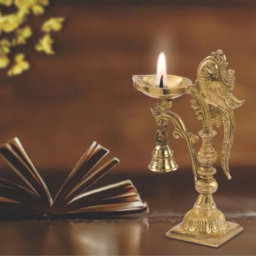 Image of Brass Peacock Decorative Diya with Traditional Bell Antique Deepak Design, Table Decor with Stand, Home Diwali Gift, Temple Pooja, Gold Colour (20X12.5X8cm) | 687 gram