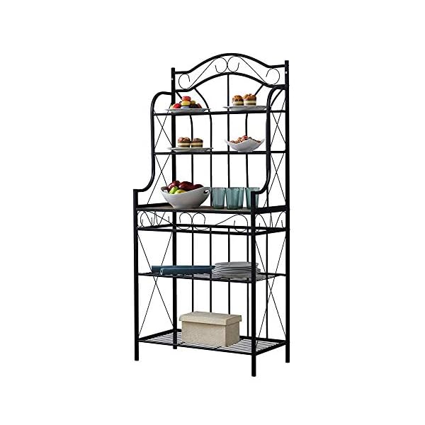 Pilaster Designs Leroy Transitional 5 Tier Freestanding Kitchen Bakers Rack with Black Metal Frame and Walnut Wood Center Shelf