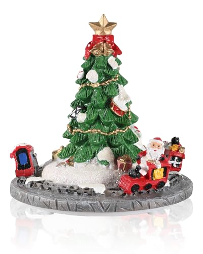 iStatue Rotating Musical Christmas Tree Figurine – Resin Holiday Decoration with Santa Train, Plays “Merry Christmas” Song, 6” Tall Spinning Tree Gift (Xmas Tree)