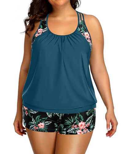 Image of Womens Plus Size Tankini Swimsuit Two Piece Tummy Control Bathing Suit | Blouson Racerback Tankini Top with Shorts, Double Up Design, Removable Pad