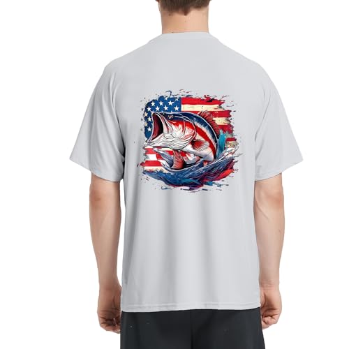 Men's Fishing Shirt Short Sleeve UPF 50+ UV Sun Protection T-Shirt Rash Guard Swim Shirt(Light Gray, USA Bass, L)