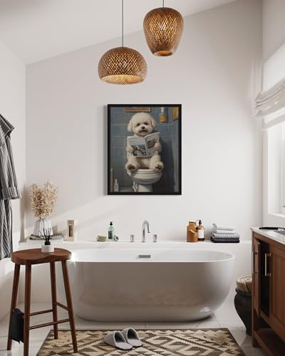 Image of Bichon Frise on Toilet Black Framed Wall Art Print Poster, Dog Bathroom Humor Decor Posters Prints for Restroom Home Picture Painting Artwork Gallery 7 (Bichon Frise, 18 x 24 inches, Black Frame)