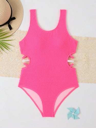 Image of WDIRARA Girl's One Piece Swimsuit Cut Out Side Scoop Neck Swimwear Bathing Suit Hot Pink 10Y