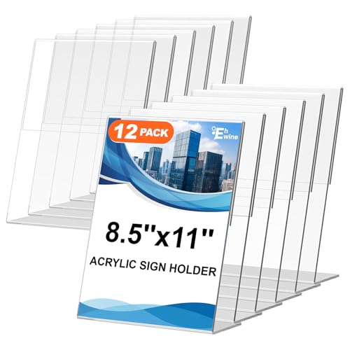 EHWINE 12 Pack Acrylic Sign Holder 8.5 x 11 L Shape Clear Plastic Display Stand Slanted Back Picture Frame Menu Flyer Paper Display Stand up Table Top Sign Holders for Restaurant Office and School