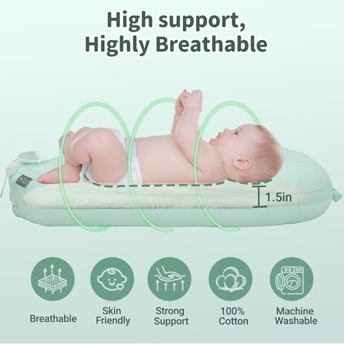 Image of Infant Support Cushions | Baby Lounger | Cotton Infant Lounger | Reversible Adjustable Portable Floor Lounger | Supervised Awake Only No Sleeping | Soft Breathable Washable Cover (Green)