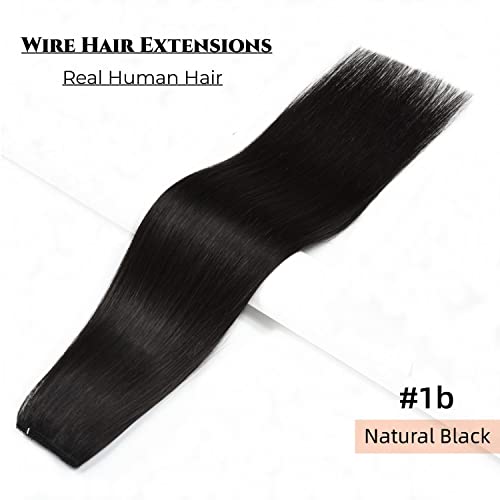 Wire Hair Extensions Natural Black Invisible Line Human Hair Extensions #1B Real Human Hair Wire Extensions Straight Fish Line Hair Extensions 80G 16Inch #TOP1