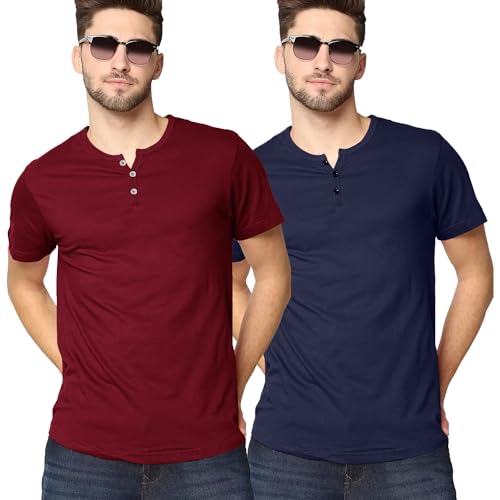 Image of LAZYCHUNKS Henley Neck Men's Cotton Half Plain Sleeves Slim Fit T-Shirt | Round Neck Men's Tshirt | Solid Colors | Summer Wear | - Multicolor