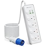 HITRENDS 4-Way 16A Electric Hook Up Extension Lead with 2 USB + 4 Type-C 5m Blue Cable with Individual Switch for Motorhome, Caravan, and Camping