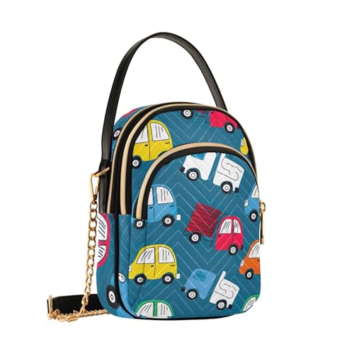Women Single Shoulder Purse Art Print Chain Wallet Cell Phone Purse Quilted Zipper Ladies Clutch Satchel Cute Cars Trucks Blue2
