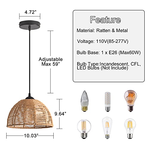 Hand Woven Bamboo Pendant Light Fixture, Vintage 2-Pack Farmhouse Rattan Dome Pendant Lights, Modern Retro Boho Pendant Lighting For Kitchen Island, Bedroom, Dining Room, Entryway, Living Room #TOP3
