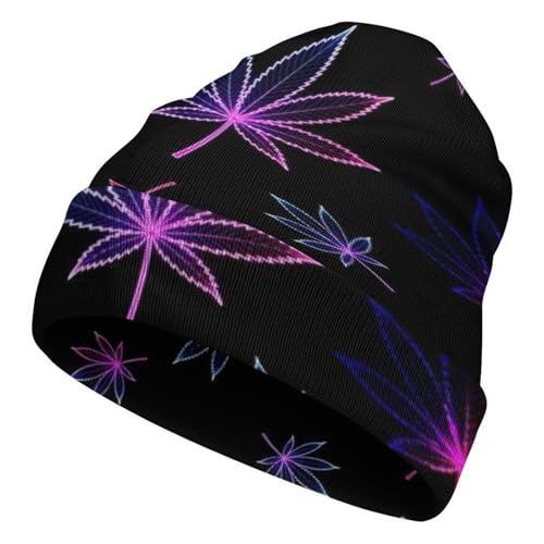 Unisex Adult Soft Warm Beanie Hat Fashionable Skull Sleep Cap Trippy Neon Purple Weedleaf Leaf Black Cuffed Knitted Hat for Running Hiking