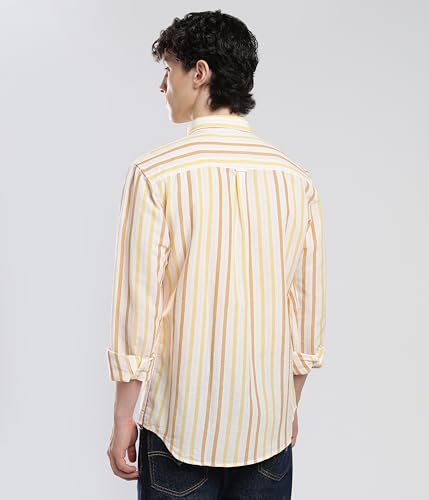 Image of TURMS Men's Casual Striped Linen Shirt | Water Repellent | Anti Stain Anti Odor | Kansas Linen | Concealed Button Down Collar | Full Sleeves