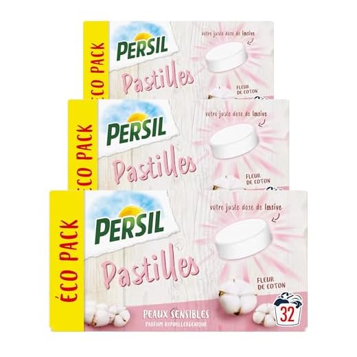 Persil Lessive en Pastilles Peaux sensibles, 96 lavages, parfum fleur de coton hypoallergénique, testé dermatologiquement (lot promo de 3x32)