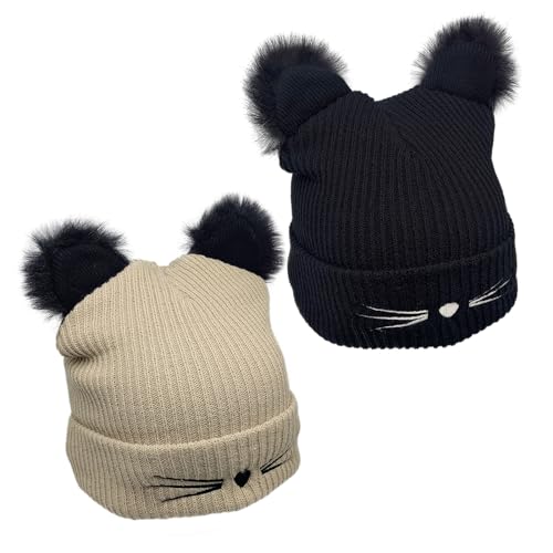 SKHAOVS 2 Piezas Gorro de Invierno para Mujer, Gorro Oreja de Gato Elástico Esquí Gorra Gorro Knitted Beanie Sombreros Cálido Hats Gorros de Punto para Uso Diario Talla única, Negro