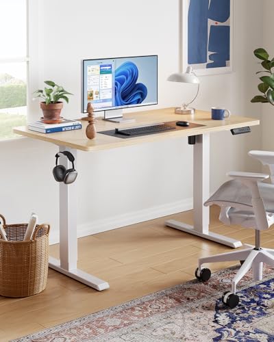 HUANUO 48" x 24" Electric Standing Desk Adjustable Height, 4 Memory Height Settings, Headphone Hook, Cable Manager, Sit Stand Up Desk for Home Office & Computer Workstation, Natural