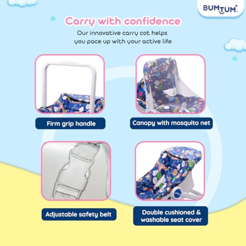 Image of BUMTUM Baby Carry Cot & Rocking Chair with Adjustable Handle| 3-Point Safety Lap Belt | Double Cushioned Washable Seats & Large Canopy for Babies (Blue)