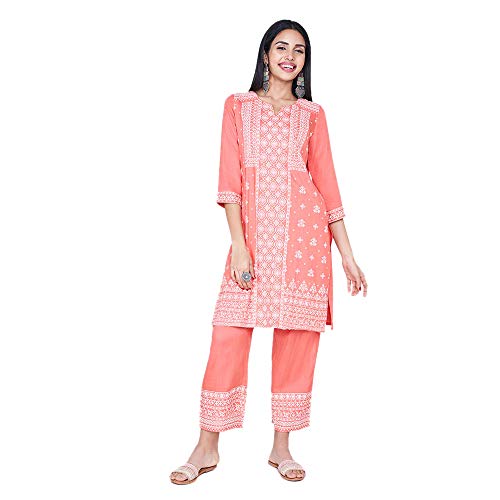 Image of global desi Womens Notched Neck Printed Kurta And Pants Set