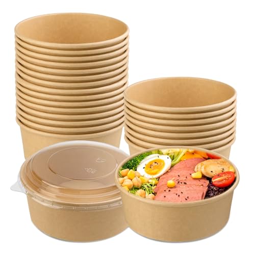 Hssugi 25 OZ Disposable Bowls with Lids 25 Pack, Large Kraft Paper Salad Bowls with Lids, Round Paper Food Container for Hot Cold Food, Soup, Ice Cream and Yogurt