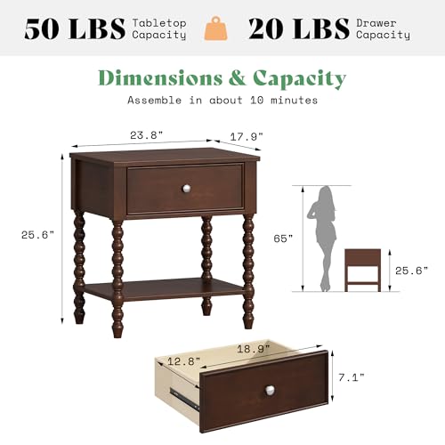 Image of AMERLIFE Walnut Nightstand Set of 2, Mid Century Solid Wood Bedside Table | End Table with Drawer, Modern Night Stand with Spindle Wooden Legs for Bedroom, Office, Dark Walnut