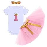 FYMNSI Infantil Bebé Niña 1er Primer Cumpleaños Verano Manga Corta Mameluco Romper Body Tutú Falda con Bowknot Diadema 3pcs Traje de Pijama 1 Año Fiesta Fotografía Vestir Regalo Rosa #2