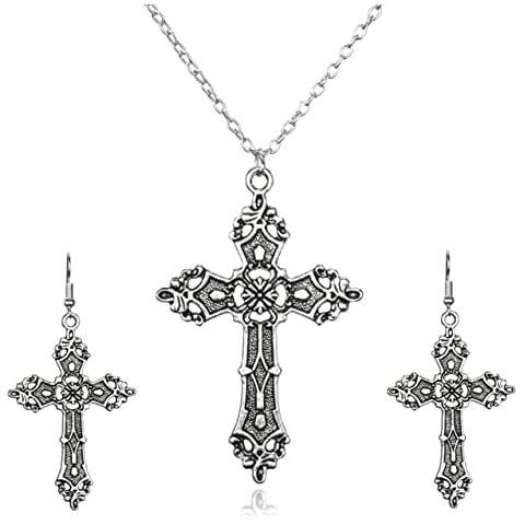 Cross Necklace Earrings Set Vintage Punk Crucifix Pendant Necklace Chain Gothic Religious Christian Jewelry for Women Girls Teens Cover