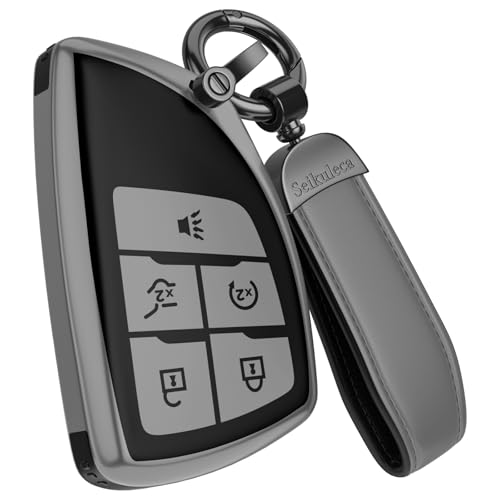 for Chevy GMC Key Fob Cover Accessories-Matte TPU Key Fob Cover with Leather Keychain for Silverado Sierra Tahoe Suburban Equinox Traverse Yukon Terrain Acadia (Matte Gray Model 1 - 5 Buttons)