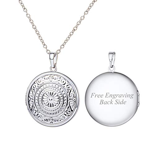U7 Locket Necklace That Holds Picture Oval/Round Shaped Flower Pattern Photo Lockets Pendant