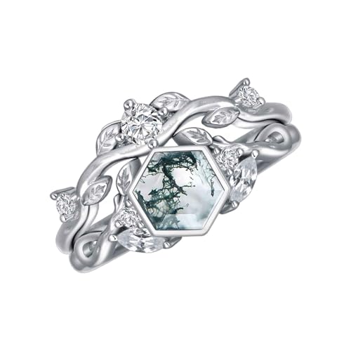 925 Sterling Silver Hexagonal Natural Moss Agate Engagement Ring for Women CZ Stackable Promise Rings Jewelry Set