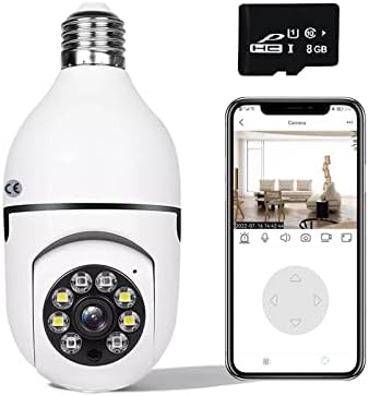 JASKFLY WiFi Wireless Light Bulb Camera with Memory Card, 1080P Home Smart Dome Surveillance Camera 360° Pan/Tilt Security Cameras, 2 Way Audio, Motion Detection & Alarm, Night Vision (with 8GB Card)