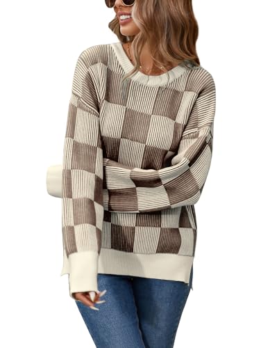 Famulily Womens Long Sleeve Crew Neck Sweater Color Block Plaid Checker Pullover High Low Side Slit Pullover