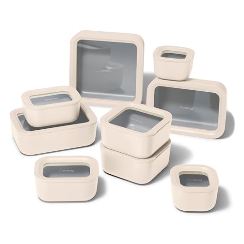 Caraway 22pc Glass Food Storage Set - Storage Containers for Food - Non-Toxic Ceramic-Coated Glass - Air Release Technology - Compact & Stackable Design - Cream