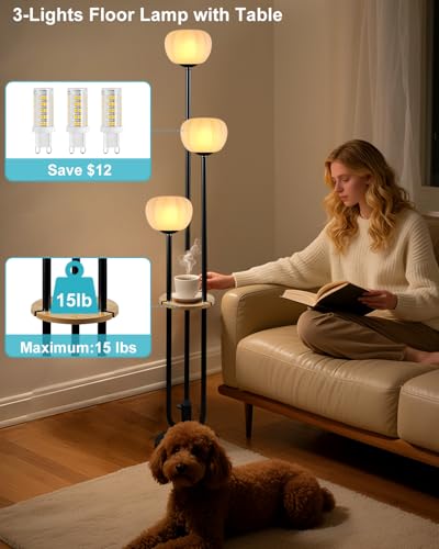 Image of Black Floor Lamp Dimmable Modern Floor Lamps with Pumpkin Lampshade & Table, 3000K Soft Warm White Bulbs Included, 3-Light Tall Standing Lamp with 5Lbs Heavy Base for Living Room /Bedroom