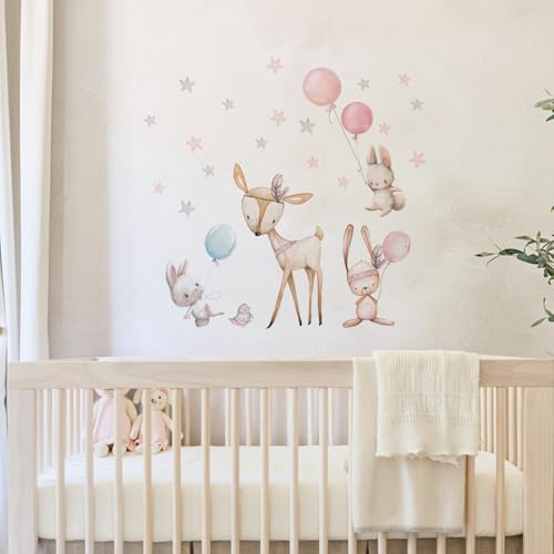 Image of Wall Stickers for Kids Room Baby Nursery Decoration - Woodland Animals Bunny Deer Balloon Decals for Girls Bedroom - Waterproof Removable Self Adhesive Pink Grey Stars Wall Stickers for Room Decor
