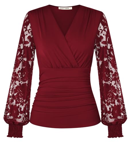 GRACE KARIN Damen Tiefe V-Ausschnitt Sexy Bluse Lange Spitzenärmel Vintage