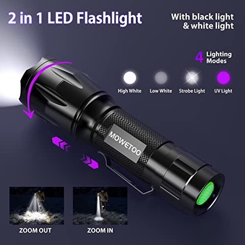 MOWETOO Taschenlampe, UV Lampe 2 in 1 UV LampeLicht Led Taschenlampe, 395nm Ultraviolette Taschenlampe 4 Modi, Detektor für Unechte Banknoten, Urin von Hunde und Andere Haustiere 40W