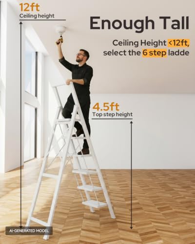 Image of 6 Step Ladder for 12 Feet High Ceiling, Lightweight Aluminum Folding Step Stool with Convenient Handgrip, Stepladders with Anti-Slip and Wide Pedal for Home Use Space Saving - White