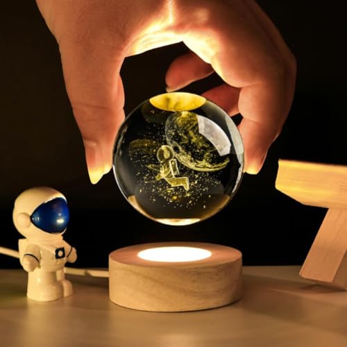 Image of Desidiya 3D Crystal Ball Night Light Space Astronaut Half Moon with LED Wooden Stand, Room Decor Glass Sphere Lamp Night Light Gifts for Women Men Dad Mom Kids