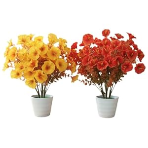Morning Glory Arrangement Kit – 2 Flocked Pots Set with 6 Orange Yellow Silk Stems, 14.5″ Faux Flowers for Home Office Desk, Ready-to-Use Indoor Artificial Plants Decor