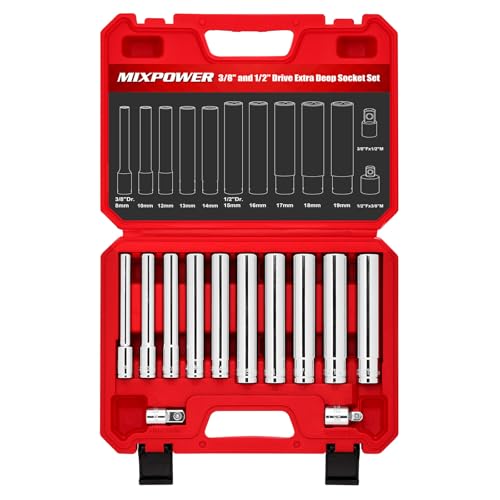 MIXPOWER 12 Pieces 3/8&1/2 Drive Extra Deep Metric Socket Set 6 Point 8-10-12-13-14-15-16-17-18-19mm with 1/2&3/8 Adapter 120mm Deep CR-V Socket for Automotive and Industrial Applications