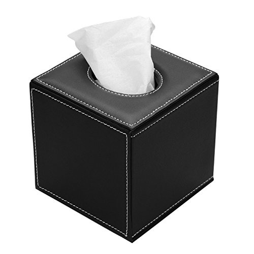 HOMETEK PU Leather Square Roll Tissue Box Holder Cover Napkin Paper Box Case Tray Pumping for Home Office Car Automotive (Black)