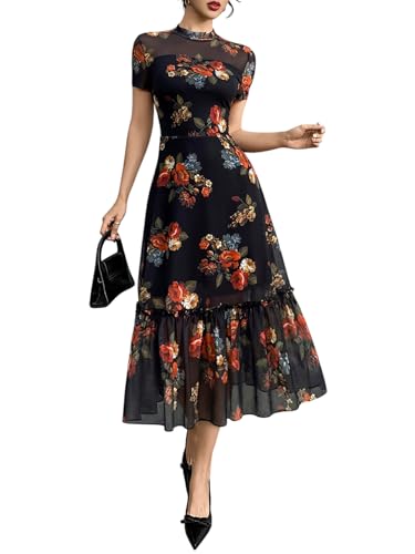 GothDark Women's Summer Floral Mesh Ruffle Dress Short Sleeve Round Neck Waist Cinched Casual Maxi Wedding Guest Dresses