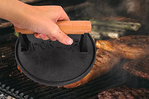 Presse à hamburger de 17,8 cm - Presse à hamburger robuste - Presse à hamburger ronde pour plaque de cuisson - Presse à barbecue en fonte avec poignée en bois tactile - Accessoires de barbecue